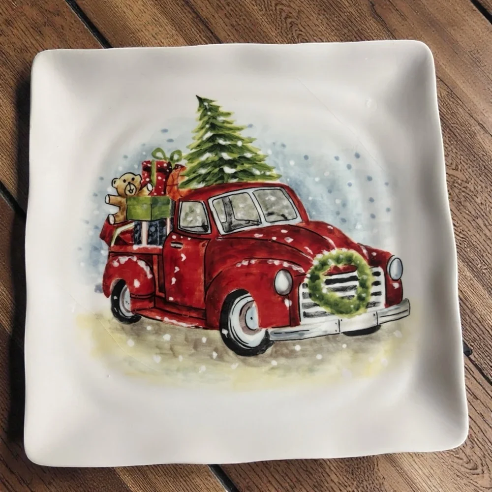Maxcera Christmas Plates with a Red Truck and Tree Design-Set of 4